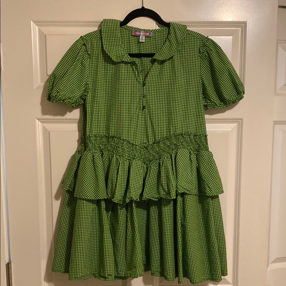 Urban Outfitters Green Mini Sundress with Puff Sleeves and Ruffled Skirt